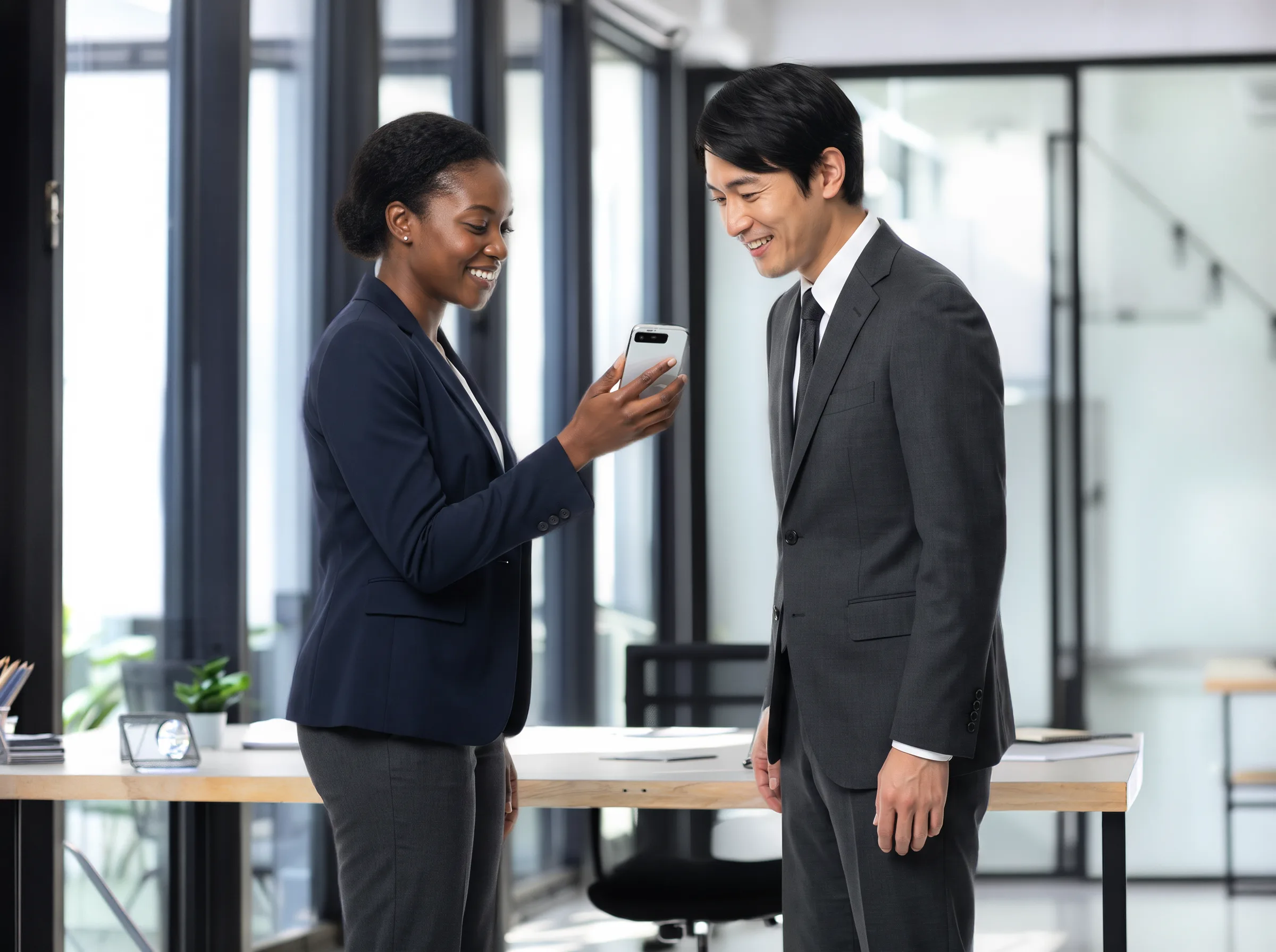 Business professionals reviewing a phone