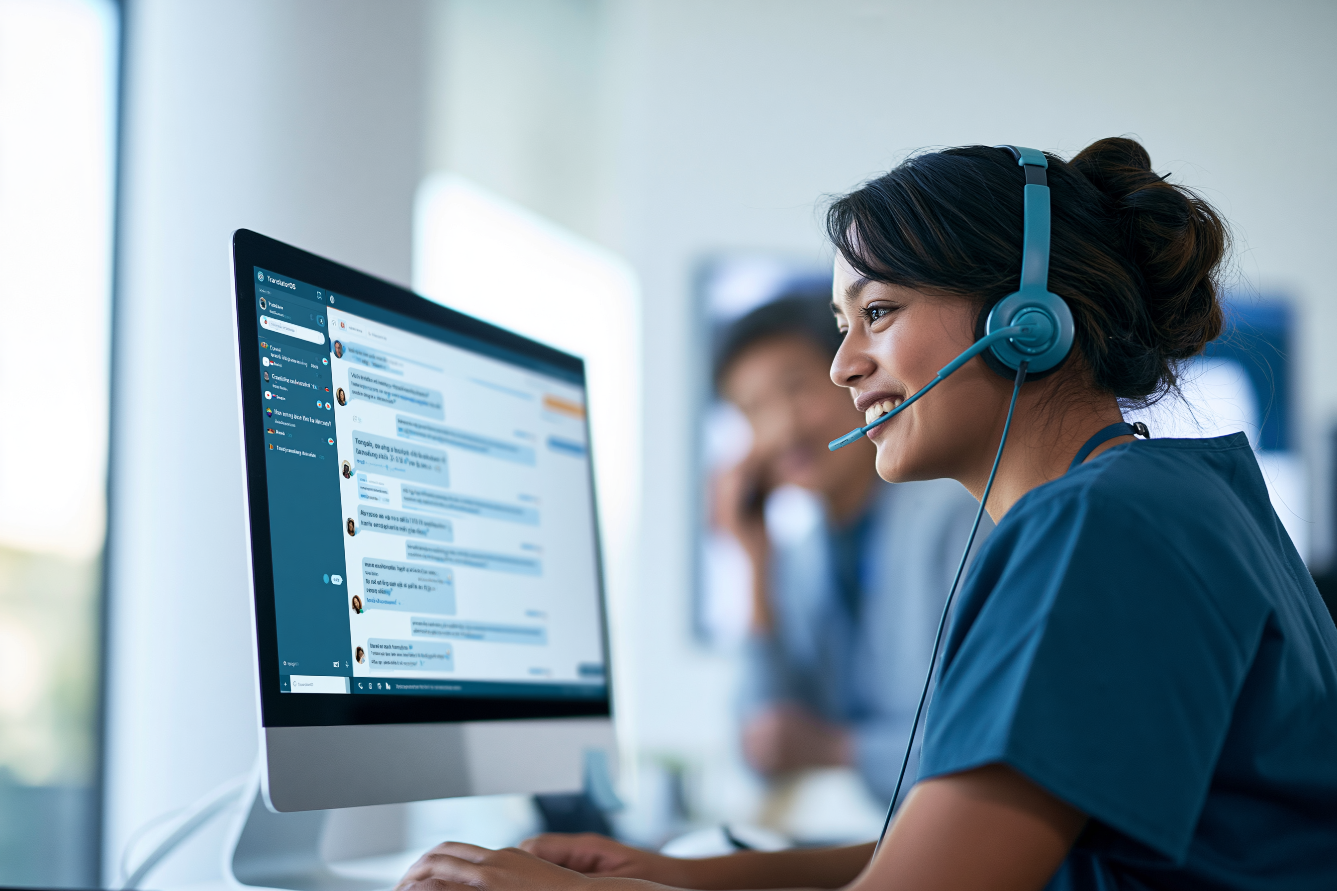 Employee guiding a translated call with TranslateOS dashboard
